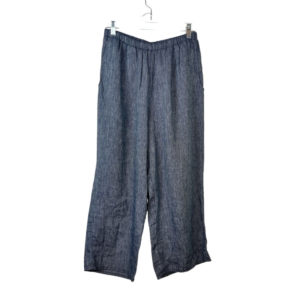 FLAX Blue Stripe Wide Leg Crop Pants 100% Linen Lagenlook